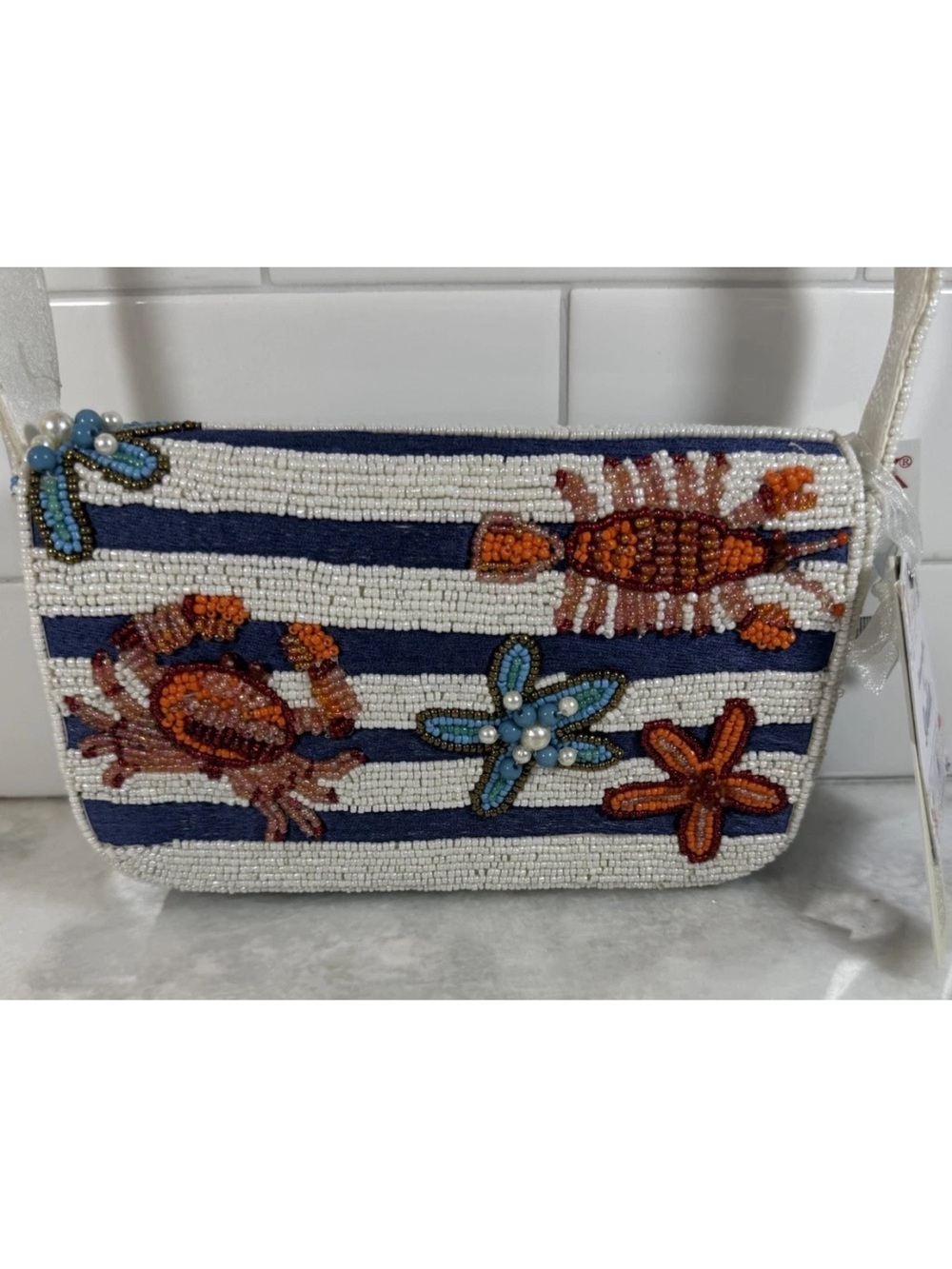 Viral Handmade Beaded Starfish Crab Lobster Shoulder Bag Blue White w/  Charm